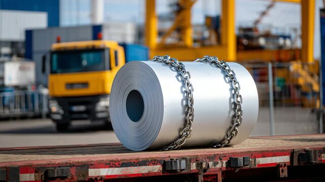 298Macro close-up of cylindrical metal steel coil on truck trailer, detailed texture of rolled steel visible, chains securing cargo in sharp focus, reflective metallic surfaces, indus