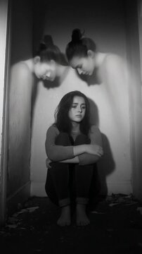 Depressed woman sitting alone in a dark corner surrounded by ghostly hallucinations of herself. Double exposure visual effect showing schizophrenia, anxiety and mental health