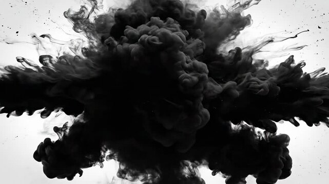 Black Smoke Ink Splash \'96 Chaotic spreading dark plume, deep white studio backdrop with a violent burst of inky black smoke erupting from the center and expanding outward in turbulent, chaotic