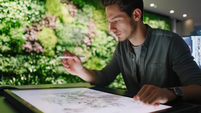 Young male architect drawing blueprints on large interactive touch table with stylus in modern eco-office. Concept of digital drafting, sustainable architecture and innovative design