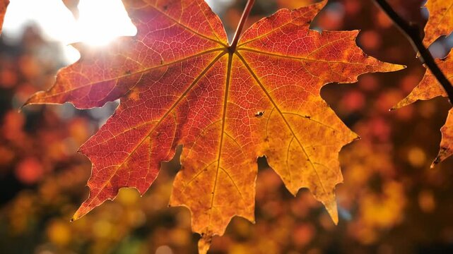 Video of maple leaf detail with fine branching autumn veins, seasonal foliage macro background, vibrant fall texture, nature pattern design, botanical concept.
