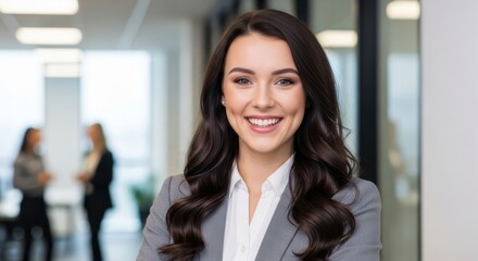 Fototapeta premium A smiling businesswoman in a gray suit stands confidently in a modern office environment with colleagues blurred in the background
