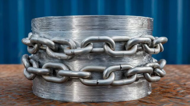 304Macro view of rolled steel coil surface with tensioned chains, reflective metallic textures, industrial cargo secured for transport, flatbed trailer, logistics and supply chain rea