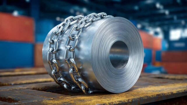 308Macro view of rolled steel coil surface with tensioned chains, reflective metallic textures, industrial cargo secured for transport, flatbed trailer, logistics and supply chain rea