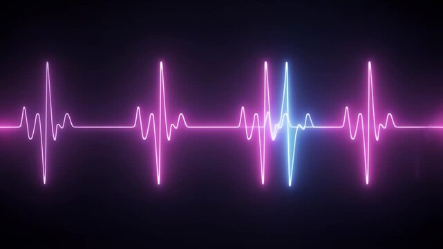 Neon heart rate monitor displays vibrant pink and blue pulse on dark background