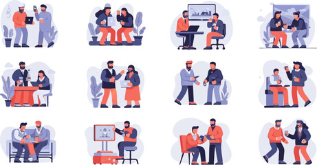 Fototapeta premium Flat illustrations of people interacting in various casual business and social settings