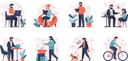 Fototapeta premium Flat illustration of people engaged in various daily activities