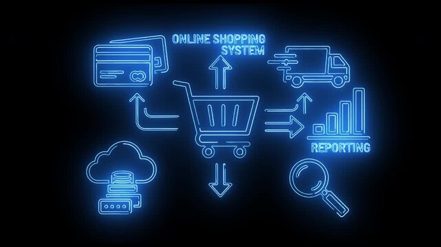 Neon-lit diagram of an online shopping system with icons on a black background
