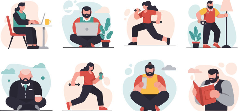 Flat illustrations of people engaging in various daily activities, work, and leisure