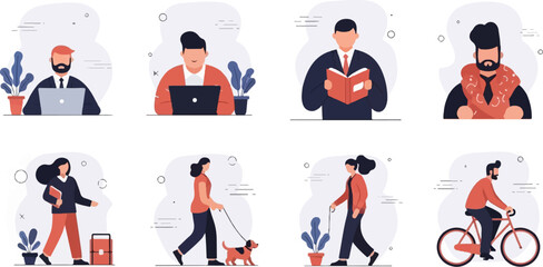 Fototapeta premium Flat illustration of people working, reading, walking, and cycling in diverse activities