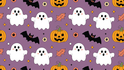 Fototapeta premium Seamless halloween pattern featuring cute ghosts, jack-o-lantern pumpkins, bats and autumn leaves