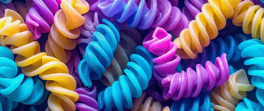 Food Fun And Colorful Concept Close-Up Of Vibrant Rainbow Rotini Pasta Background For Kids Menu Healthy Eating.
