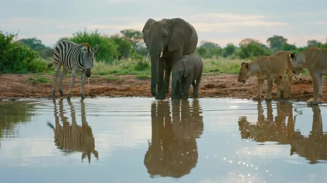Wild African animals drinking together at a savanna watering hole. Herd of elephants, lions and zebra quietly sharing water with reflection in the pond. Safari wildlife concept