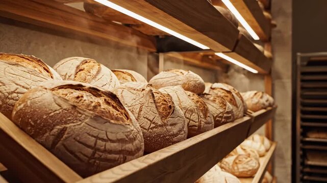 Video of artisan bread shelf layout in cozy bakery interior with glowing light accents, handcrafted food presentation concept for commercial use.