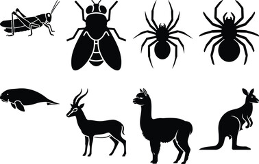 Fototapeta premium Black silhouettes of various animals on white background