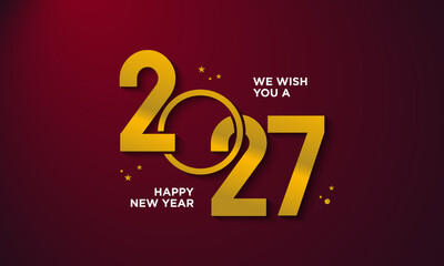 Golden 2027 happy new year greeting card design on red background.