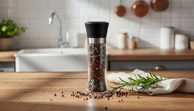 Pepper mill on rustic kitchen table