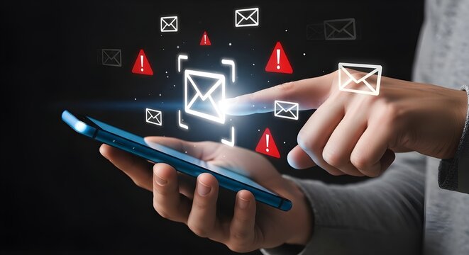Receiving Unwanted Digital Mail: Hand Interacting with Phone and Warning Icons