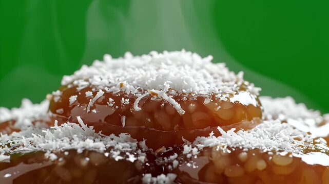 Close Up Of Filipino Kutsinta A Traditional Sweet Rice Cake Dessert Topped With Fresh Shredded Coconut On A Vibrant Green Background