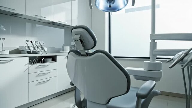Dental clinic interior featuring a modern adjustable treatment chair centered in a spotless clean room, overhead examination light positioned precisely above, sleek white cabinetry with integrated