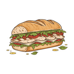 A delicious hand drawn illustration of a fresh chicken sandwich with crisp arugula and tomato