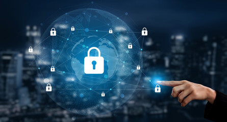 The image illustrates a concept of digital security, featuring a globe with padlocks, emphasizing data protection in a connected world. Ideal for technology themes. Gantry © InfiniteFlow