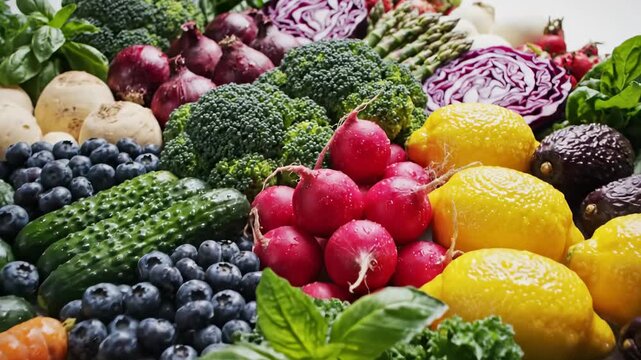Video of assorted fresh produce flat lay with dynamic camera slide, healthy nutrition and clean eating theme for advertising.