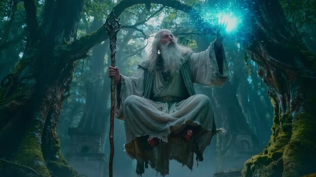 Old fantasy wizard with a long beard and magic staff levitating in a dark mystical forest. Sorcerer casting a spell with glowing blue energy. Supernatural 3D render animation