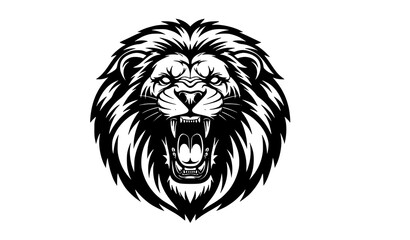 Roaring lion head black and white vector mascot logo with fierce expression and majestic mane © Mdsabbir