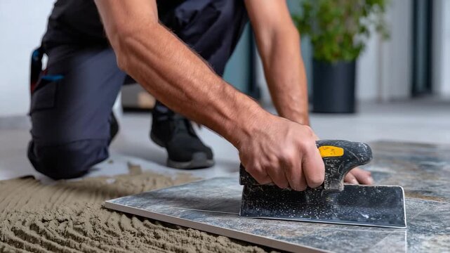 376Craftsman lays gray ceramic tiles on floor, using professional tile trowel and spacers, large-format tiles aligned precisely, renovation team improving home interior, indoor daylig