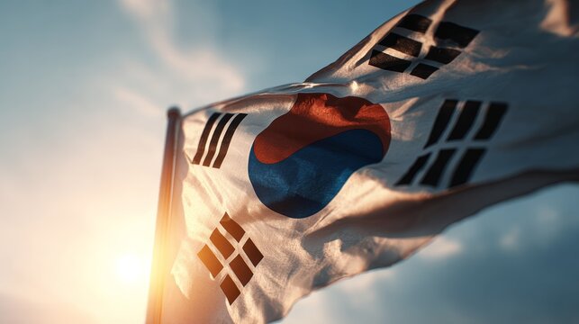 South korea national flag, taegeukgi, fluttering boldly against a warm sunset sky, symbolizing patriotism, independence, and pride for the asian nation