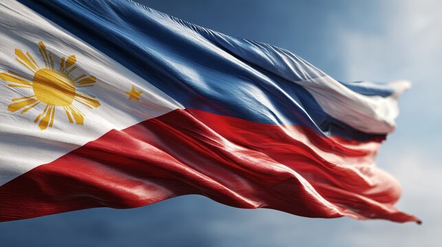 Philippines national flag showing its iconic red, blue, and white stripes, along with the golden sun and stars, billowing dynamically in the wind under a bright sky