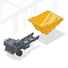 Industrial mining dump truck chassis and bucket illustration. © Budd