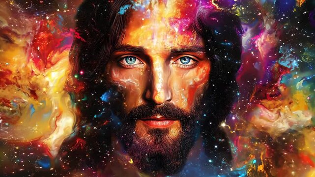 Jesus Christ portrait with striking blue eyes and a beard is portrayed in a swirl of bright cosmic colors and patterns