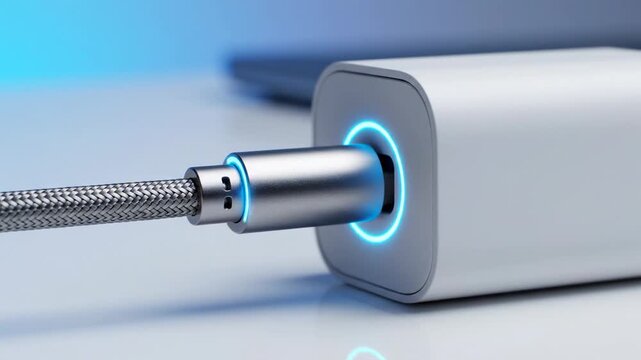 Video modern charging cable connecting to power adapter with delicate status light glow, renewable energy and smart device theme for corporate presentations and digital lifestyle media.