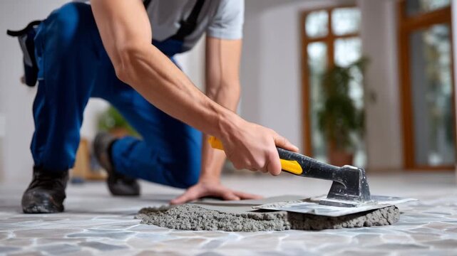 398Manual floor preparation by worker, spreading gray adhesive for tiles, trowel in motion, indoor home renovation, building or remodeling project, texture of cement mortar emphasized