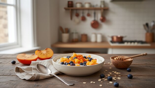 Yogurt bowl with berries and persimmon on rustic wood