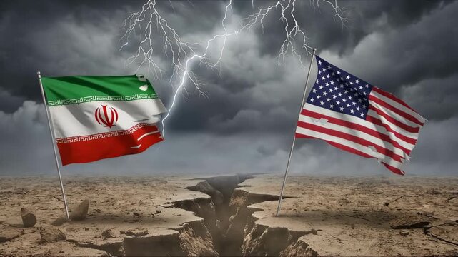 Conflict and tension between Iran and the United States are symbolized by images of flags and lightning, and cracked ground