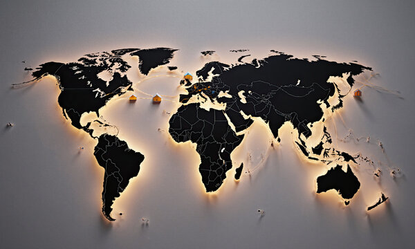 A levitating map of migration routes rendered as glowing threads connecting tiny shelters, bird's-eye framing at dusk with subtle warm