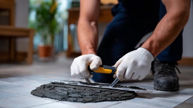414Close-up of hands working with gray tile adhesive, trowel spreading cement mortar evenly, preparing surface for tiles, indoor remodeling or building project, professional stock pho