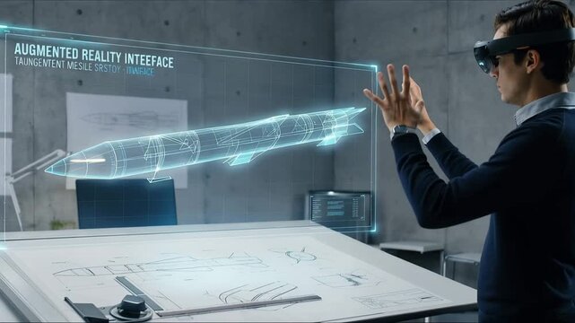 Missile weapon visualization with augmented reality Transparent missile in studio drawing in blue colors
