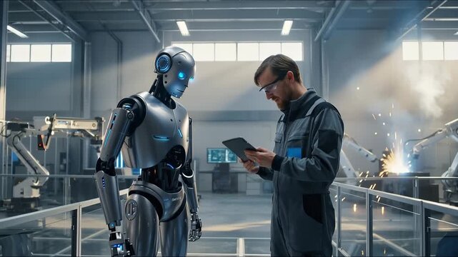 humanoid robot working alongside human engineer in modern factory, advanced robotics technology