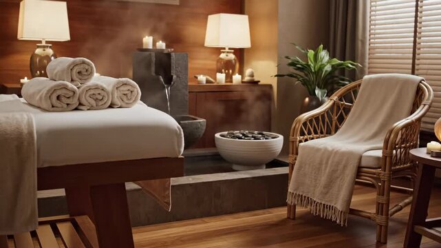 This video features calming massage therapy room interior with dim atmospheric glow, elegant spa decor and restorative sanctuary environment for premium wellness marketing.