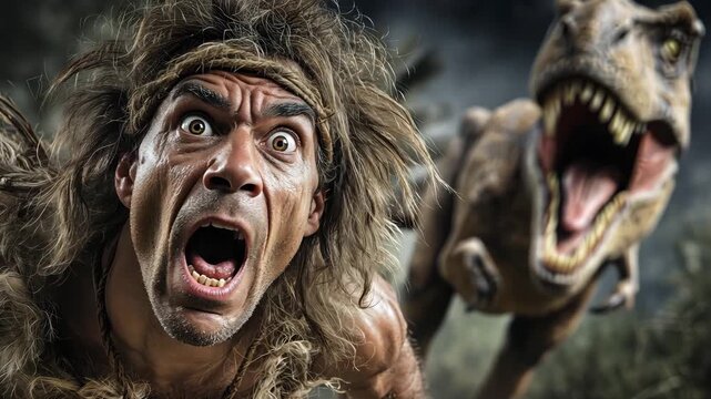 A caveman runs away in fear as a dinosaur chases him in a dense forest during a prehistoric era filled with danger