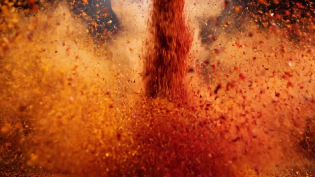 Video of aromatic spice powder dropping against black studio backdrop in slow motion, dynamic seasoning explosion, kitchen creativity and gastronomy theme for advertising content.