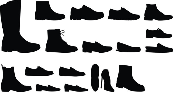 Collection of black shoe silhouettes including boots sneakers and heels footwear