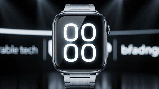 Video of futuristic smartwatch face animation in dramatic black studio environment, wearable tech branding background for software presentation and product launch visuals, bold luminous time digits