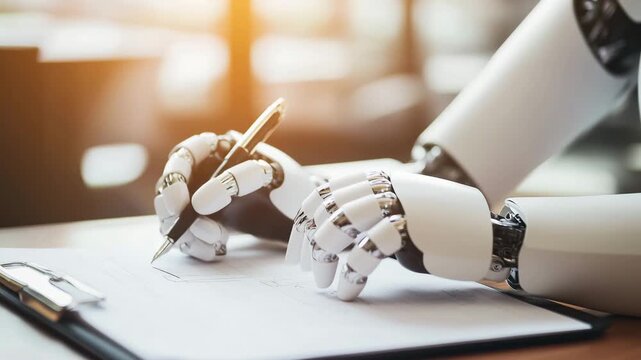 A robot hand holds a pen and writes on paper in a well lit office, working on tasks and learning during daytime