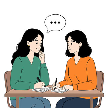 Two female students studying together, discussion and note taking at desk, learning and collaboration illustration 