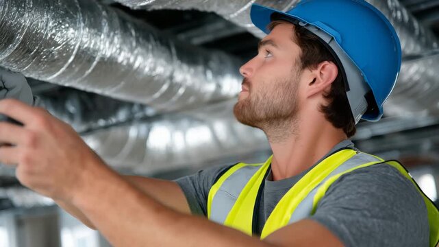 439Worker laying ventilation duct pipes, side view, indoor ceiling installation, detailed mechanical engineering project